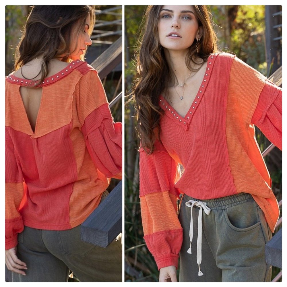 *NEW COLOR* POL Raw Edge Color Block Top - Picture 5 of 16